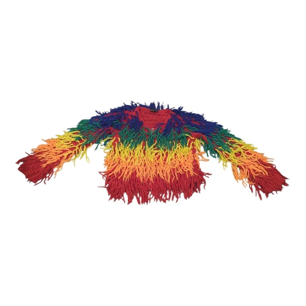 Current Mood Dolls Kill Trippy Rainbow Shaggy Crochet Zip-up Cardigan - Sz L